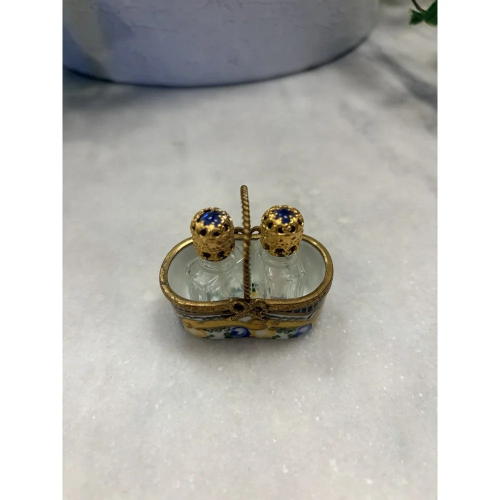 Limoges France Peint Main Blue Roses Box Basket TwoPerfume Bottles Gold Bow